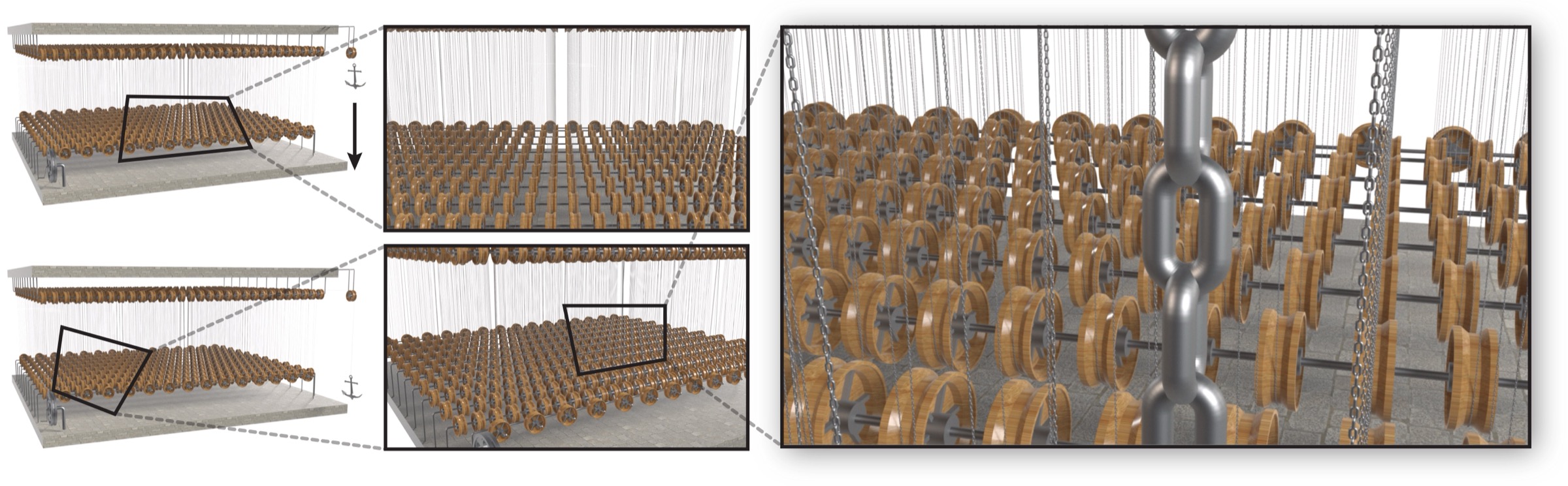 A huge pulley system simulated with M-ABD: 1,076,748 articulated links solved at h = 1e-2 s in 904 ms on a single CPU thread.